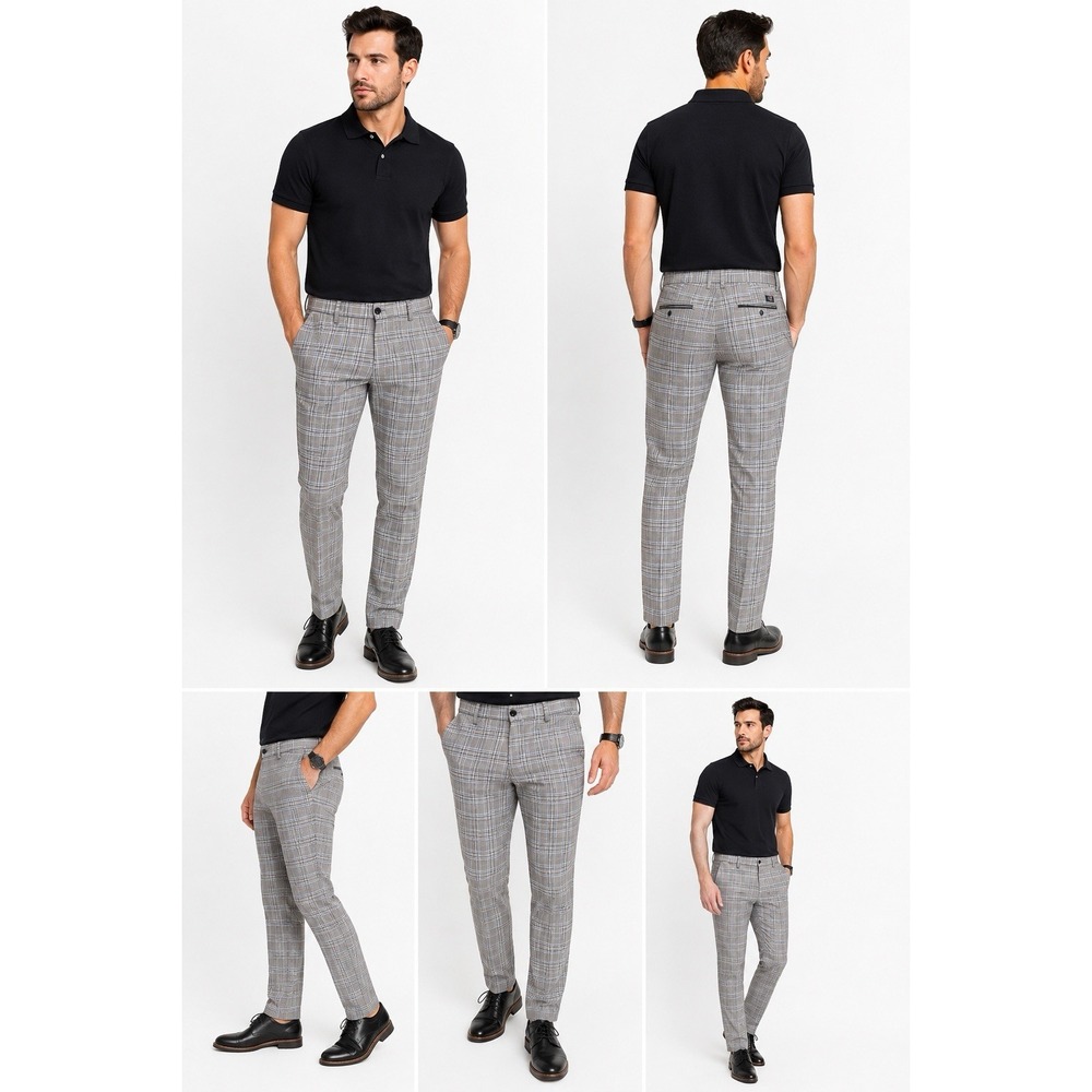 TR Premium Men's Plaid Tailored Pants 32 Gray Blue Stretch Slim Fit Trousers